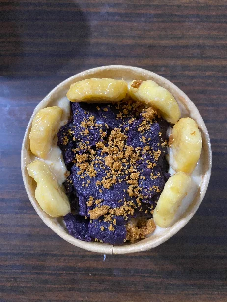 Ubenana, thick ube halaya swirl, banana around the rim, biscuit crumbs
